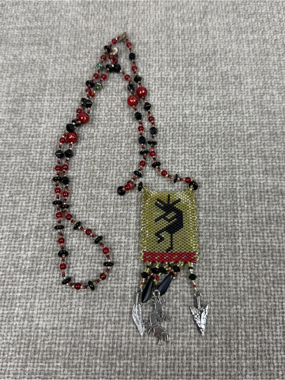 Artisan Kokopelli Amulet Small Beaded Medicine Pouch Necklace Black Red Native
